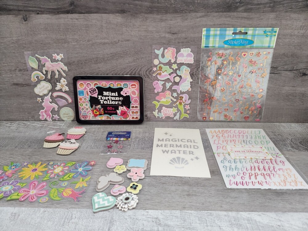 LOT Scrapbook Stickers - Girl Unicorns Mermaids Flowers + Colorful #36 NEW